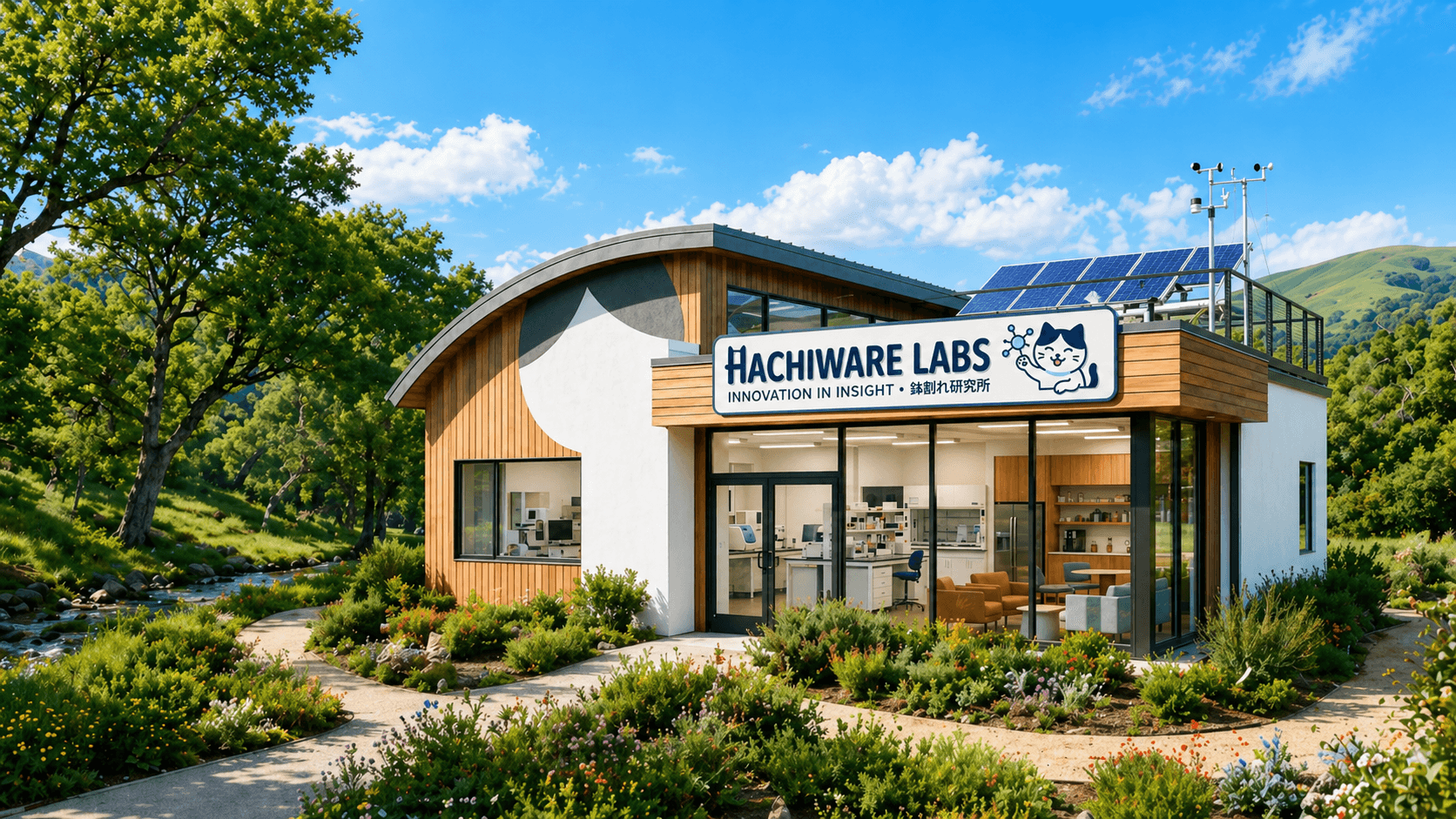自然の中にある Hachiware Labs のラボ建物