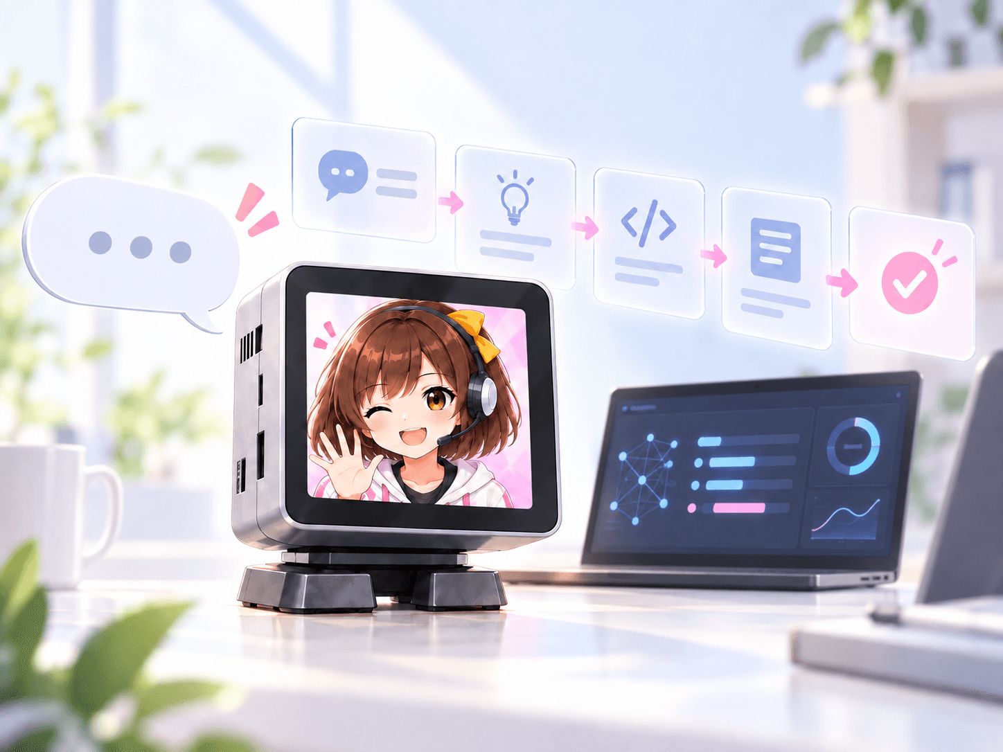 Super代打ちゃんの端末に話しかけ、依頼の整理からAIエージェントでの作業、完了まで進むイメージ
